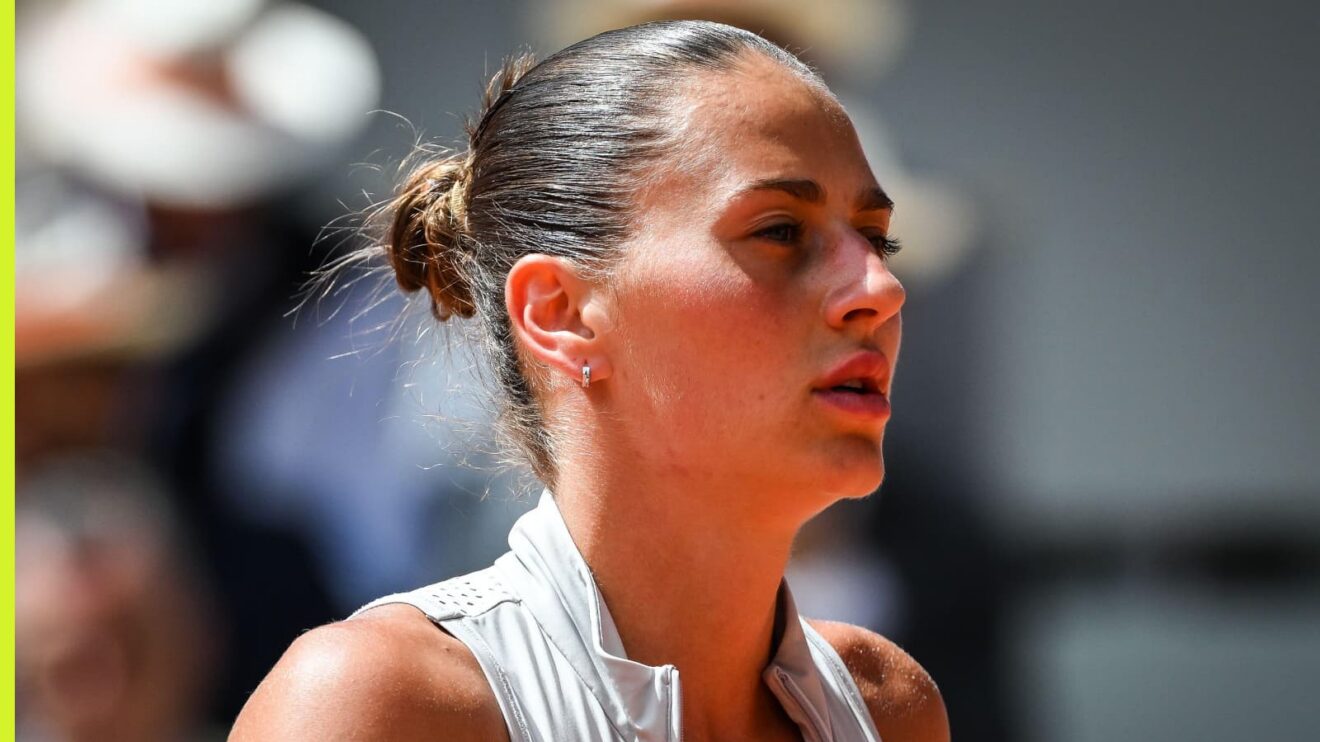 Marta Kostyuk looks on during her match at the French Open