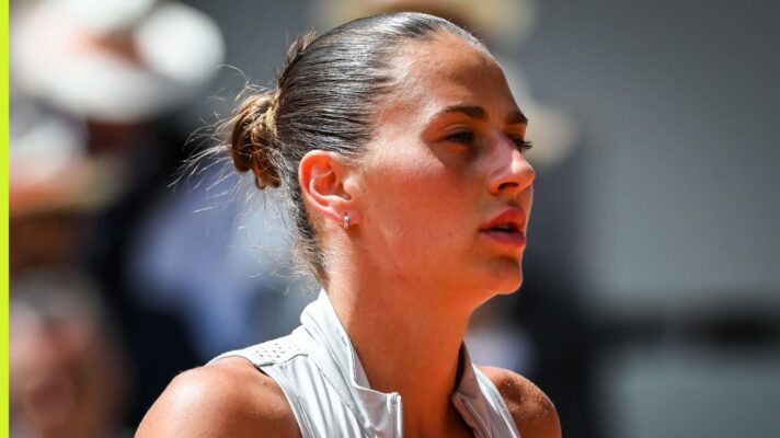 Marta Kostyuk looks on during her match at the French Open