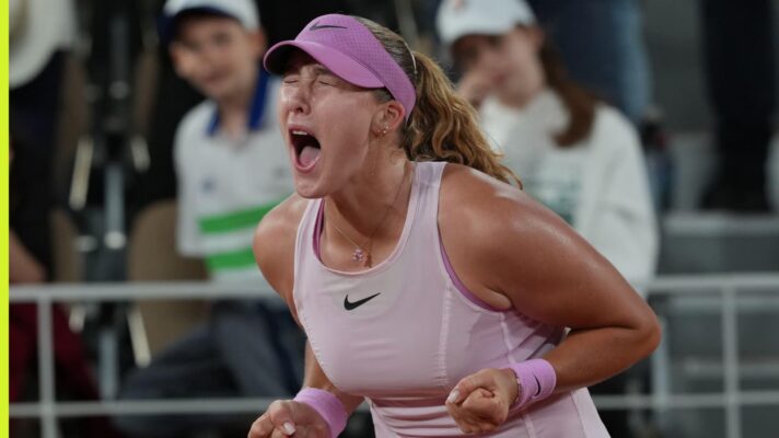 Mirra Andreeva reacts at the French Open