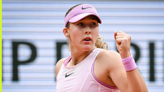 Pictured: Mirra Andreeva celebrates during her match
