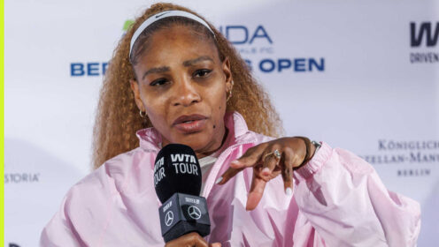 Pictured: Serena Williams attends a press conference