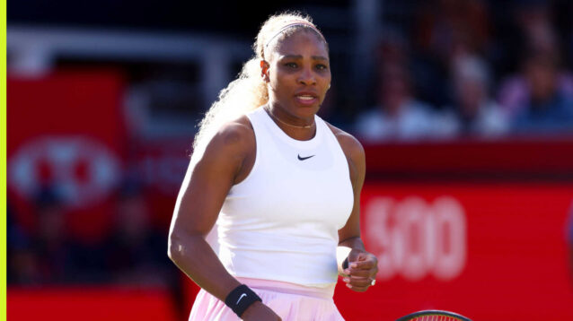 Pictured: Serena Williams reacts during a match