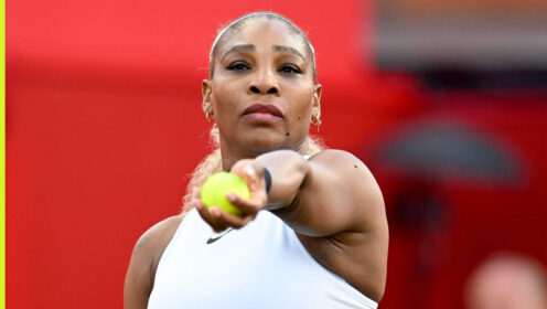 Pictured: Serena Williams serving during her match