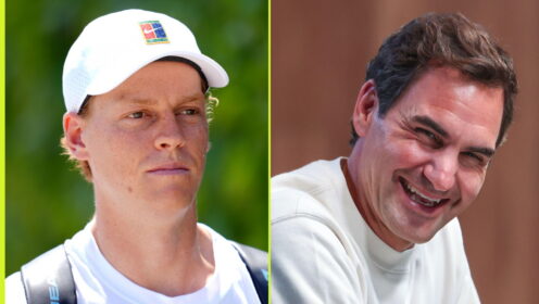 Pictured: Jannik Sinner at Wimbledon, alongside a laughing Roger Federer
