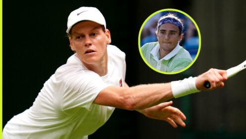 Pictured: Jannik Sinner in action before Wimbledon, with Mattia Bellucci (inset)