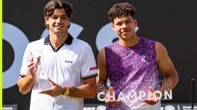 Pictured: Taylor Fritz and Ben Shelton with Stuttgart Open trophies