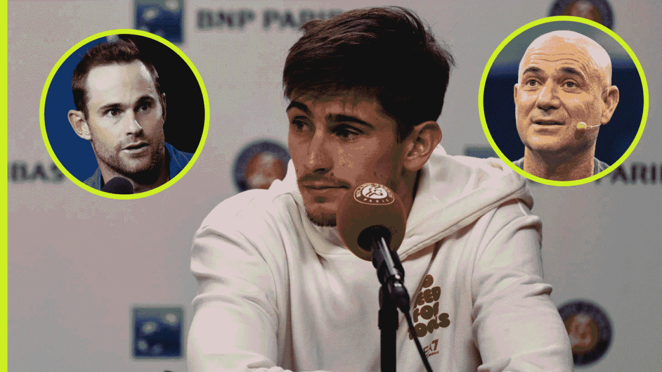 Pictured: Andy Roddick (inset), Matteo Arnaldi in his press conference, and Andre Agassi (inset)