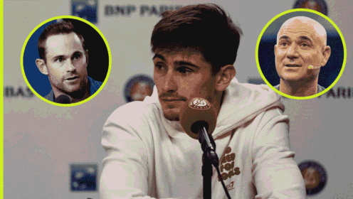 Pictured: Andy Roddick (inset), Matteo Arnaldi in his press conference, and Andre Agassi (inset)