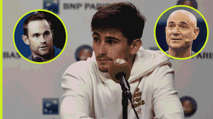 Pictured: Andy Roddick (inset), Matteo Arnaldi in his press conference, and Andre Agassi (inset)