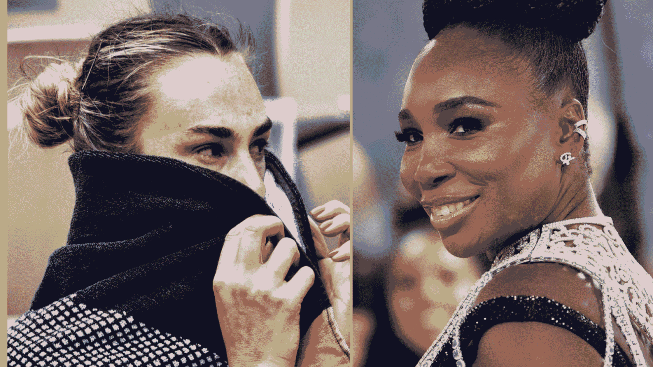 Pictured: Aryna Sabalenka covers her face with her towel, next to a smiling Venus Williams