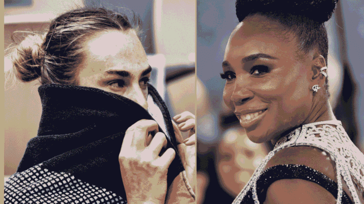 Pictured: Aryna Sabalenka covers her face with her towel, next to a smiling Venus Williams