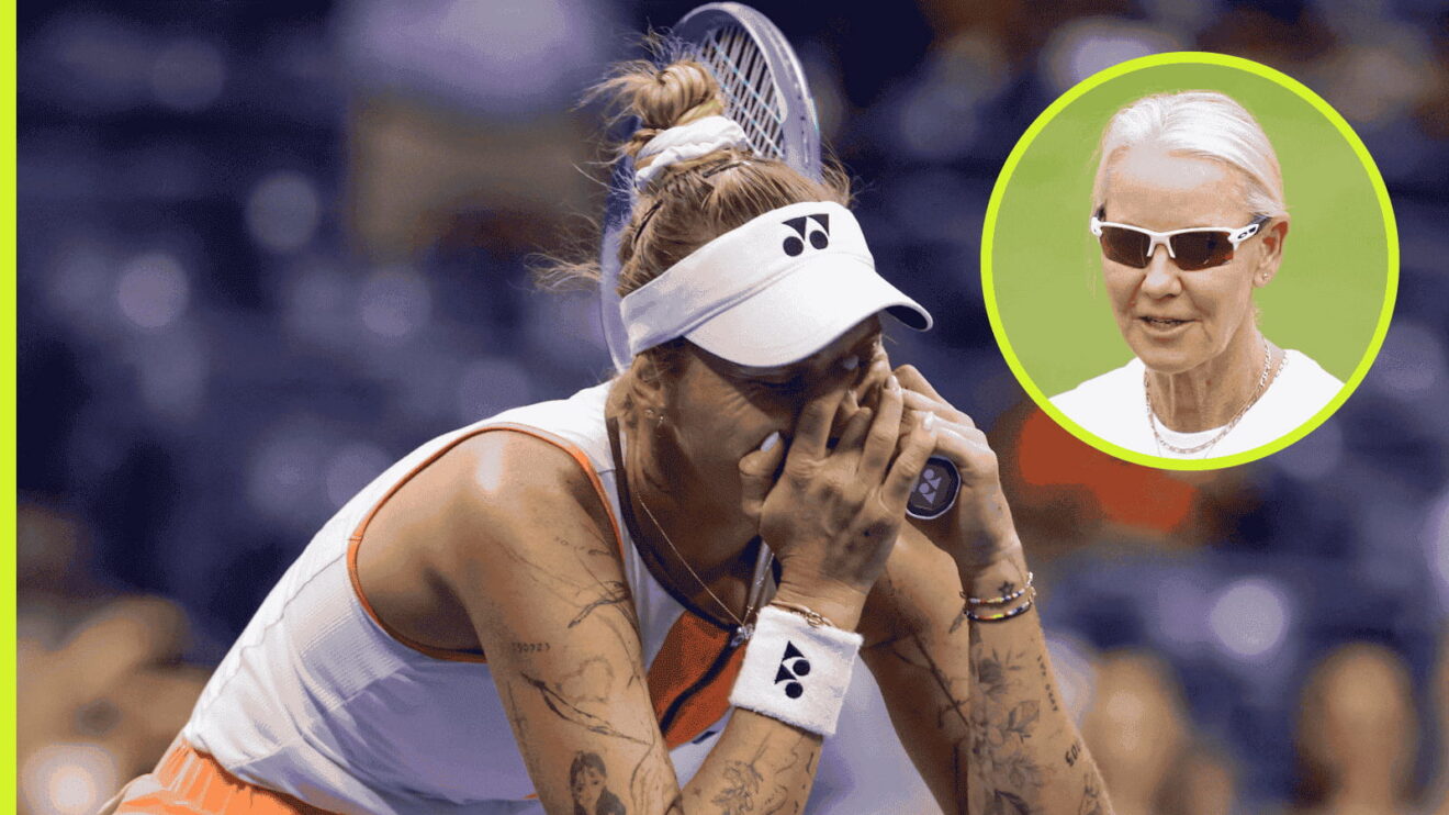 Pictured: Marketa Vondrousova covers her face, with Rennae Stubbs (inset)