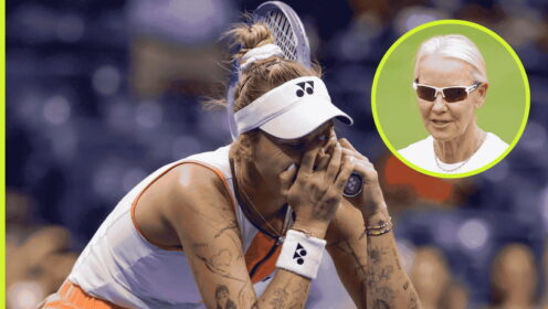 Pictured: Marketa Vondrousova covers her face, with Rennae Stubbs (inset)