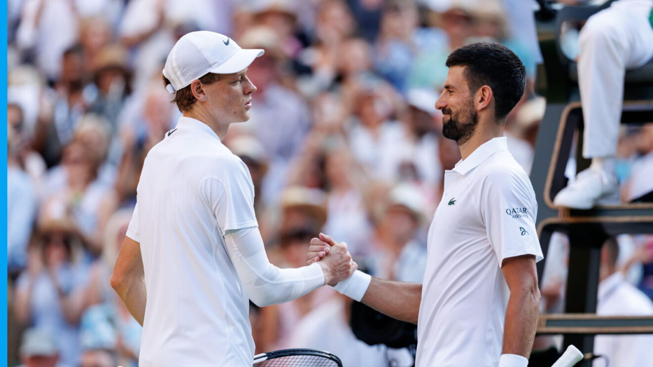 Pictured: Jannik Sinner and Novak Djokovic shake hands at Wimbledon