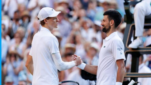 Pictured: Jannik Sinner and Novak Djokovic shake hands at Wimbledon
