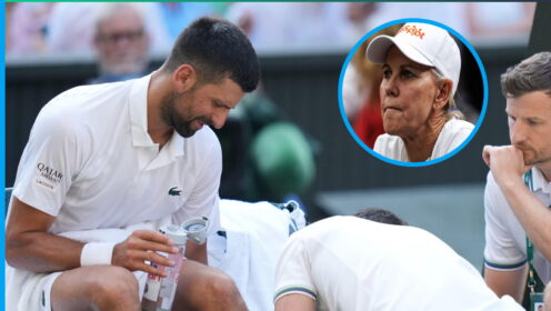 Pictured: Novak Djokovic receives treatment at Wimbledon, as Rennae Stubbs looks on (inset)