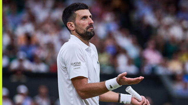 Pictured: Novak Djokovic looks bemused at Wimbledon during his match with Felix Auger-Aliassime