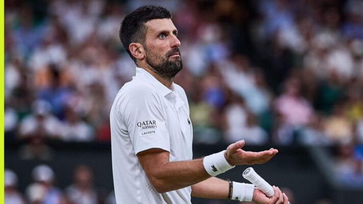 Pictured: Novak Djokovic looks bemused at Wimbledon during his match with Felix Auger-Aliassime