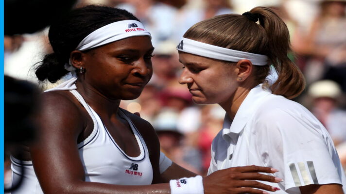 Pictured: Coco Gauff and Karolina Muchova embrace at the net on Wimbledon's Centre Court