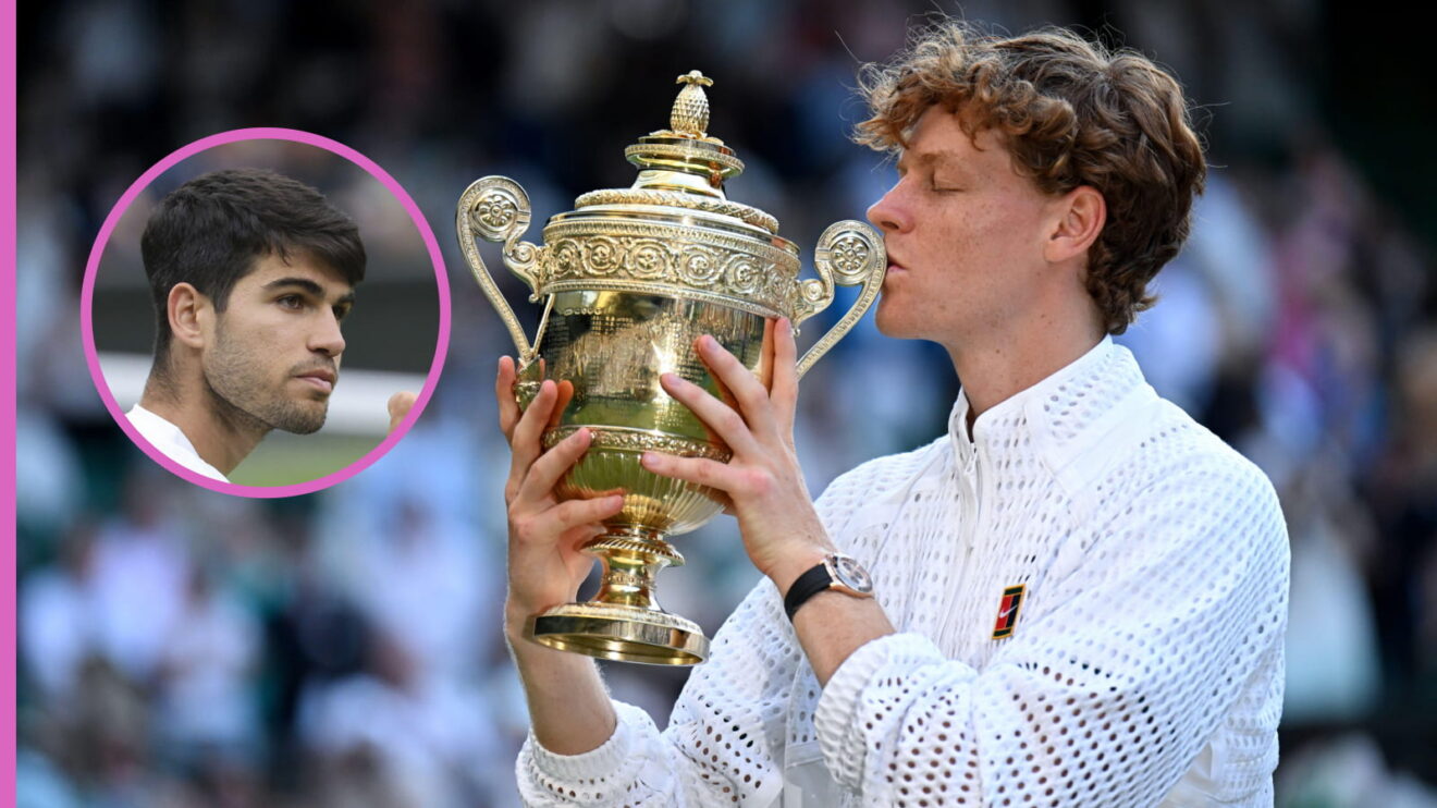 Pictured: Carlos Alcaraz (inset), as Jannik Sinner kisses the Wimbledon trophy