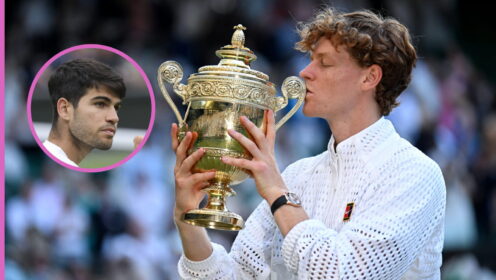 Pictured: Carlos Alcaraz (inset), as Jannik Sinner kisses the Wimbledon trophy