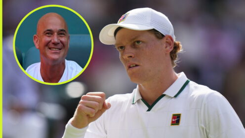 Pictured: A smiling Andre Agassi (inset), with a fist pumping Jannik Sinner at Wimbledon
