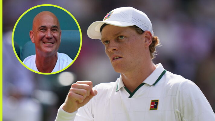 Pictured: A smiling Andre Agassi (inset), with a fist pumping Jannik Sinner at Wimbledon