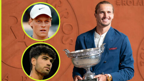 Pictured: Alexander Zverev with insets of Jannik Sinner and Carlos Alcaraz
