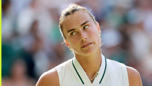 Aryna Sabalenka reacts at Wimbledon