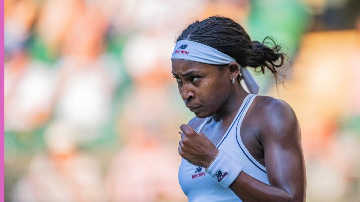Coco Gauff during her match with Claire Liu at Wimbledon 2026