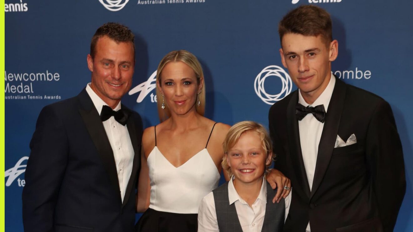 Leyton Hewitt, Bec Hewitt, son Cruz Hewitt and Alex de Minaur