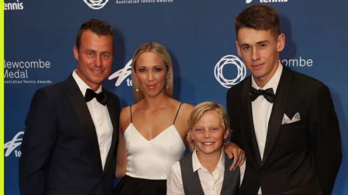 Leyton Hewitt, Bec Hewitt, son Cruz Hewitt and Alex de Minaur
