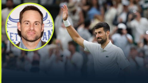 Novak Djokovic saluting the Wimbledon crowd after defeating Stefanos Tsitsipas