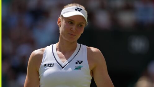Pictured: Elena Rybakina reacts during her match