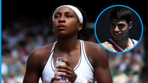Pictured: Coco Gauff looks dejected at Wimbledon, with Carlos Alcaraz (inset)