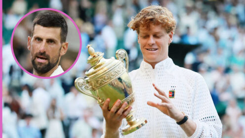 Pictured: Jannik Sinner with inset of Novak Djokovic