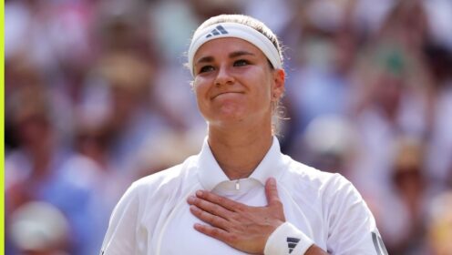 Karolina Muchova celebrates at Wimbledon