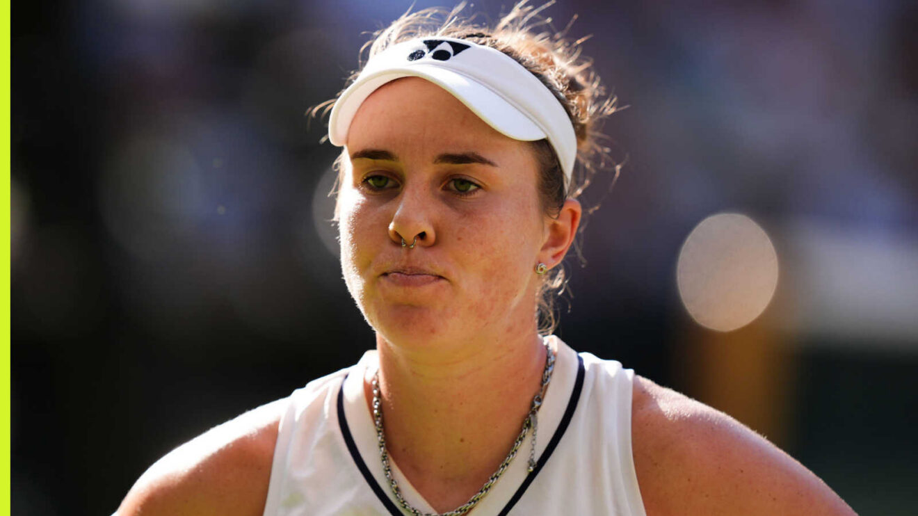Pictured: Linda Noskova reacts during a match