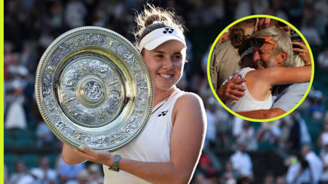Pictured: Linda Noskova with inset of Wimbledon celebration with her father