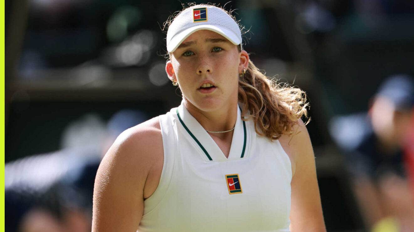 Pictured: Mirra Andreeva reacts during her match