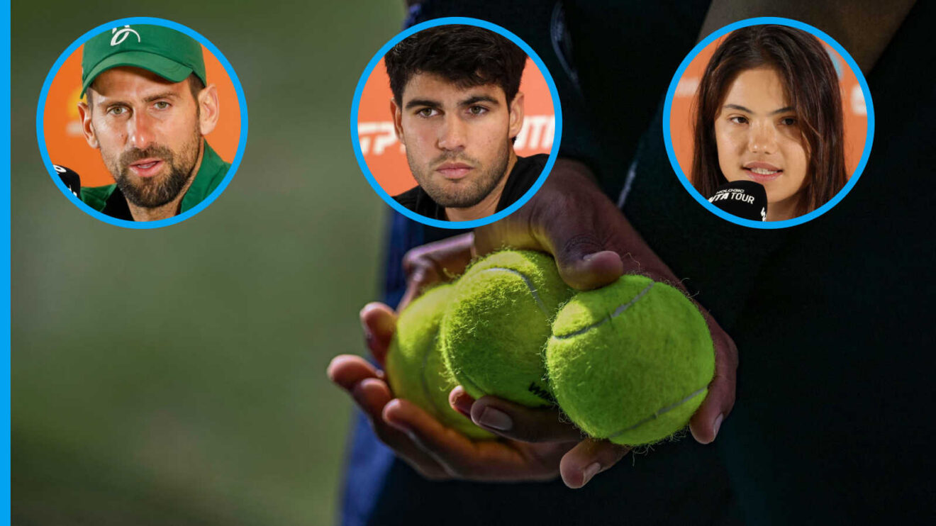 Pictured: Novak Djokovic, Carlos Alcaraz and Emma Raducanu insets with tennis balls