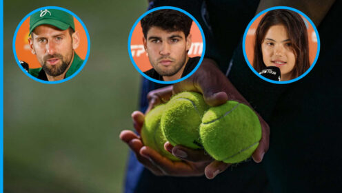 Pictured: Novak Djokovic, Carlos Alcaraz and Emma Raducanu insets with tennis balls