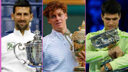 Pictured: Novak Djokovic, Jannik Sinner and Carlos Alcaraz