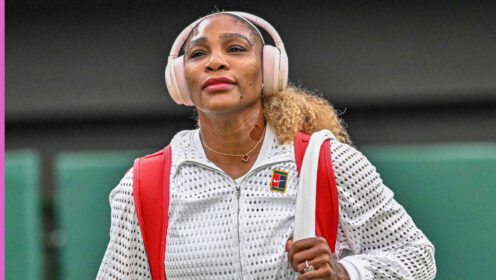 Pictured: Serena Williams arrives on Centre Court at Wimbledon