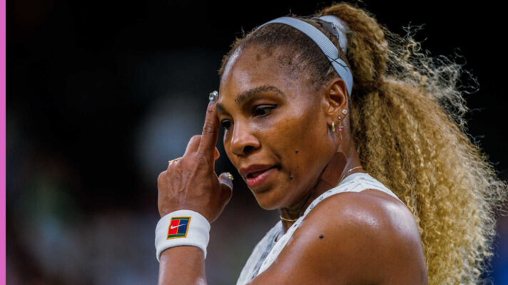 Pictured: Serena Williams reacts during her match