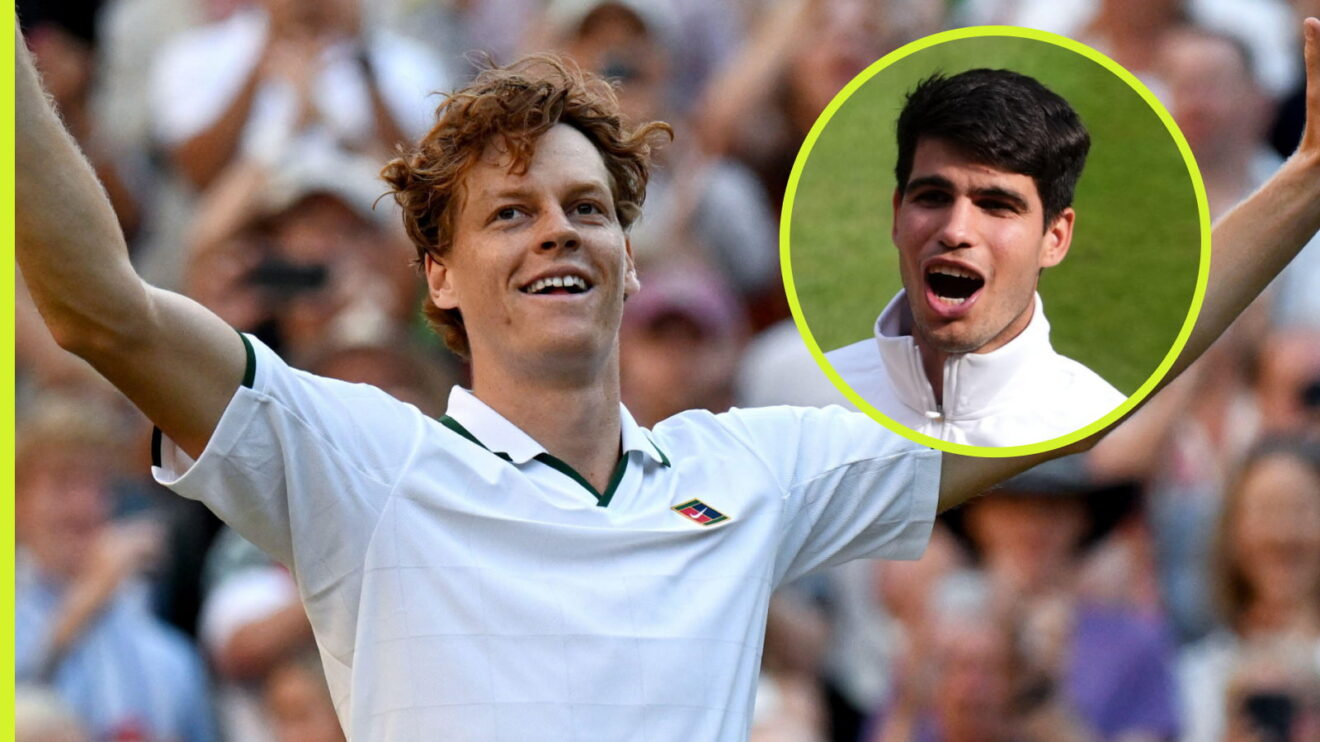 Pictured: Jannik Sinner raises his arms aloft, with Carlos Alcaraz (inset)