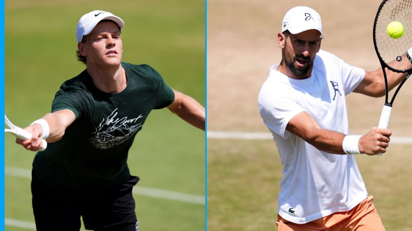 Pictured: Jannik Sinner and Novak Djokovic in Wimbledon practice ahead of their semi-final