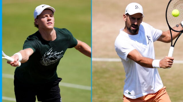 Pictured: Jannik Sinner and Novak Djokovic in Wimbledon practice ahead of their semi-final