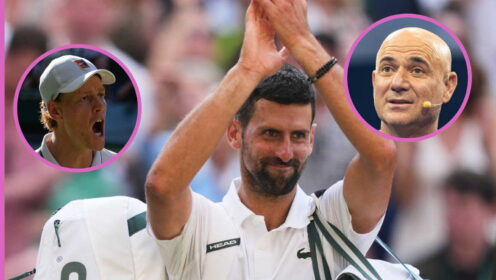 Pictured: Jannik Sinner roars (inset), a clapping Novak Djokovic at Wimbledon, and Andre Agassi (inset)