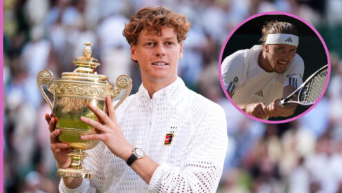 Pictured: Jannik Sinner holding the Wimbledon trophy, with Alexander Zverev (inset)